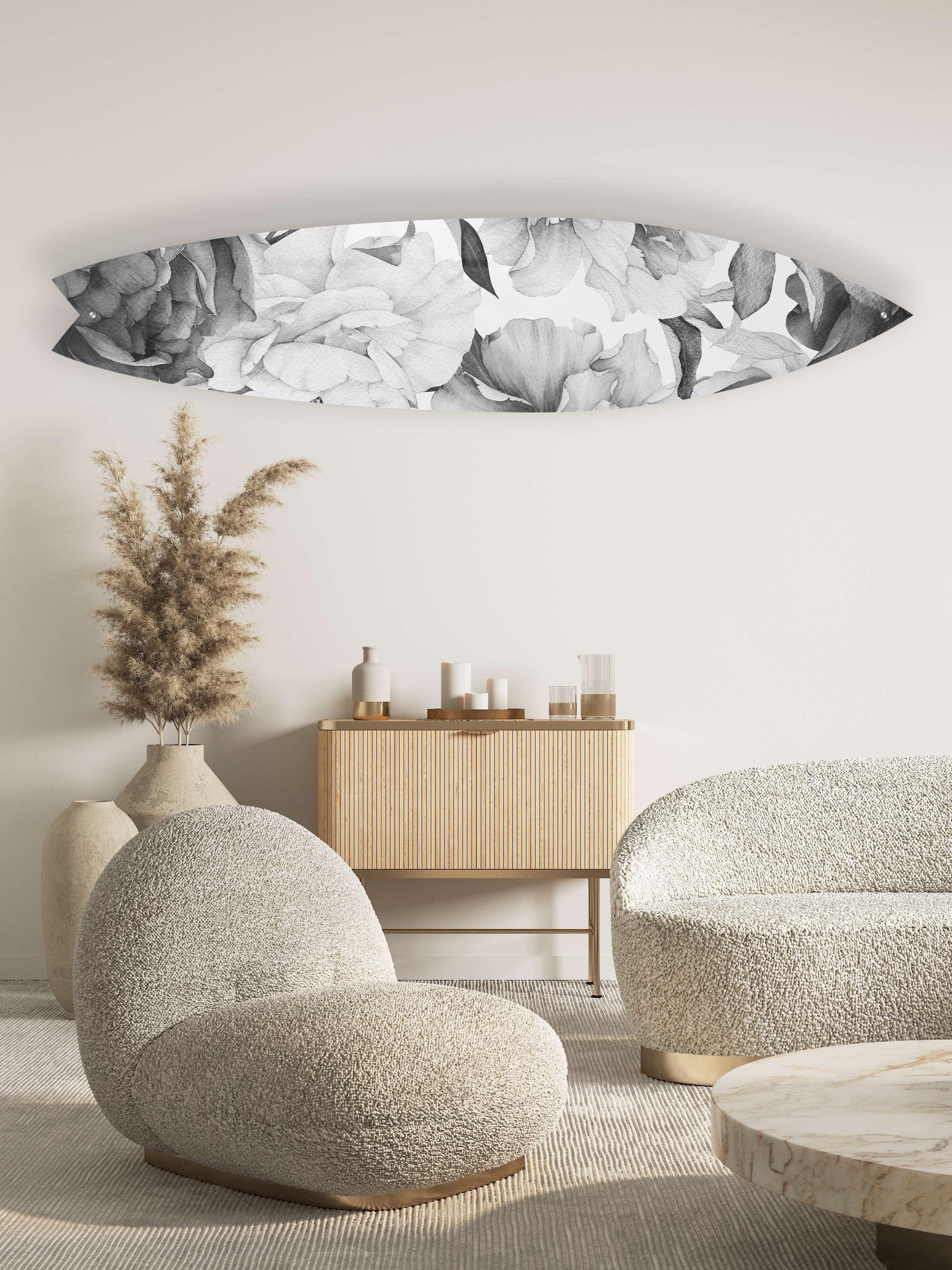 Black and White Peony Acrylic Surfboard Wall Art