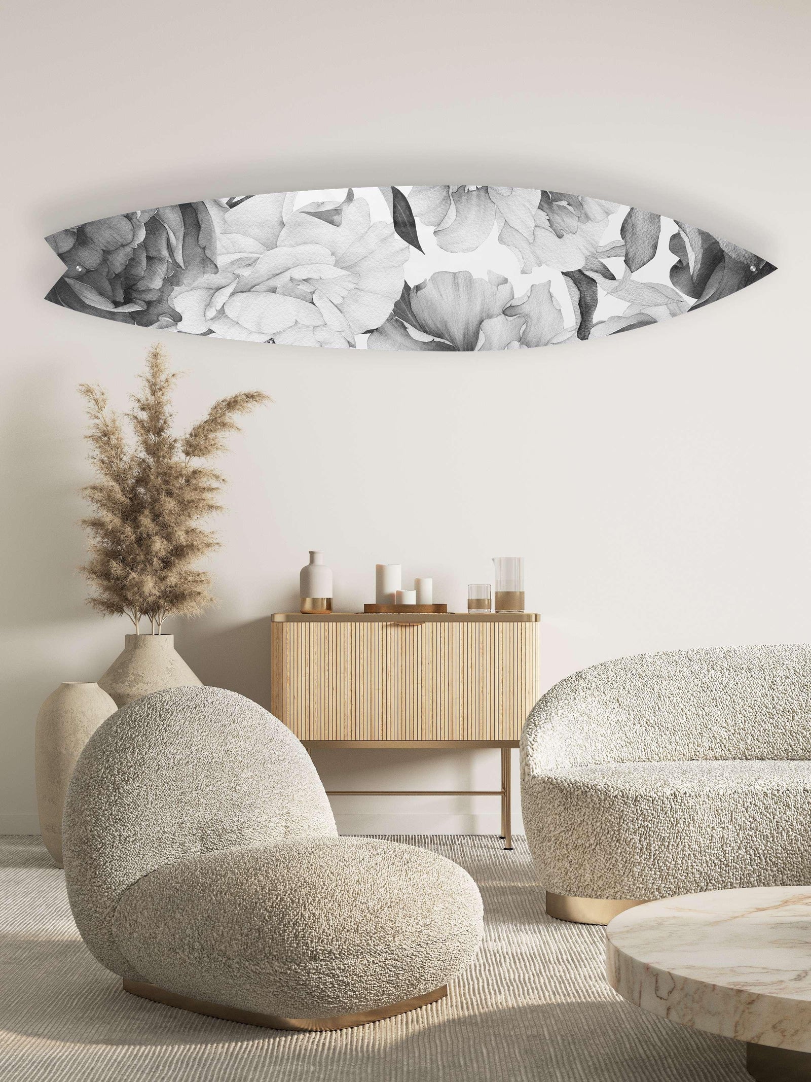 Black and White Peony Acrylic Surfboard Wall Art