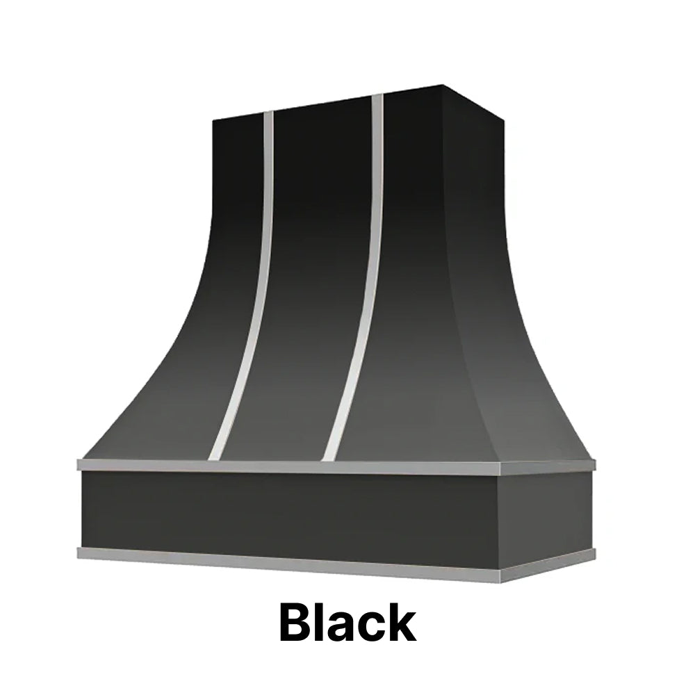 Wood Range Hood With Curved Front, Silver Strapping and Block Trim - 30