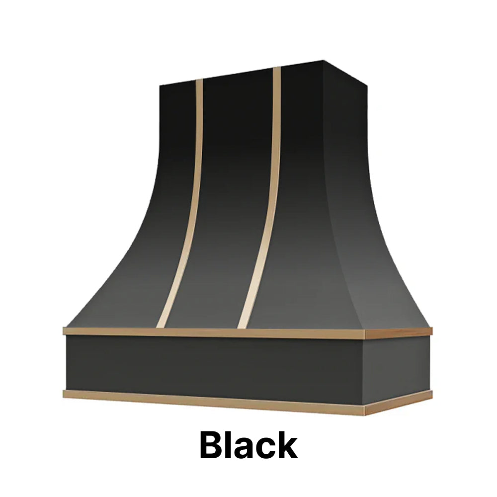 Wood Range Hood With Curved Front and Brass Strapping and Flat Trim - 30