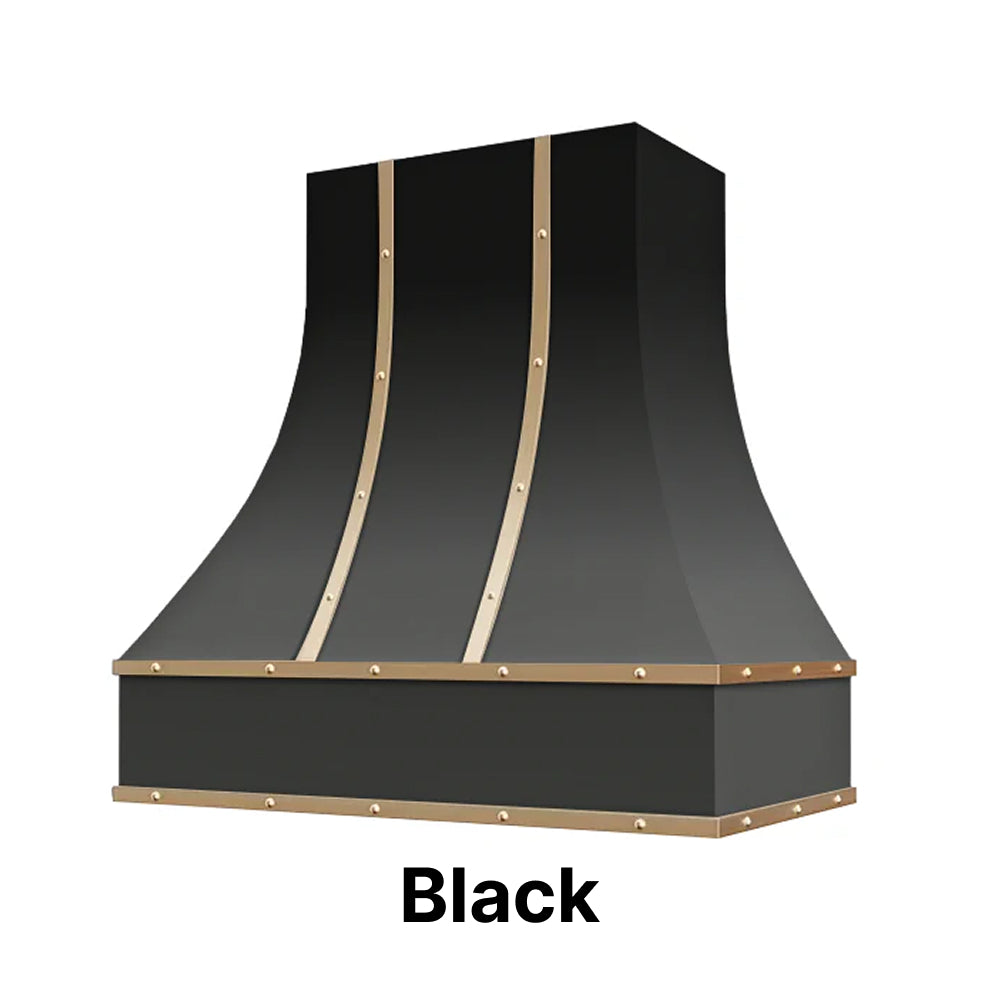 Wood Range Hood With Curved Front, Brass Strapping and Buttons - 30