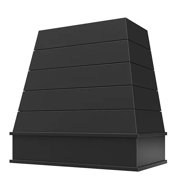 Black Wood Range Hood With Tapered Shiplap Front and Block Trim - 30