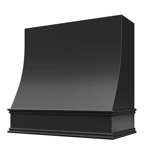 Black Wood Range Hood With Sloped Front and Decorative Trim - 30