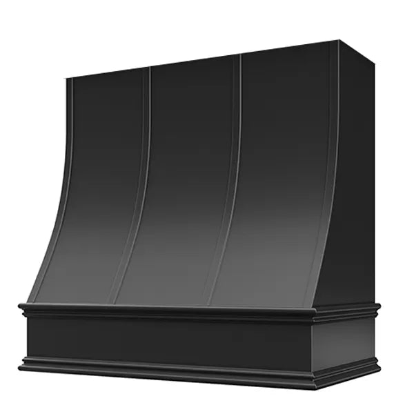 Black Wood Range Hood With Sloped Strapped Front and Decorative Trim - 30