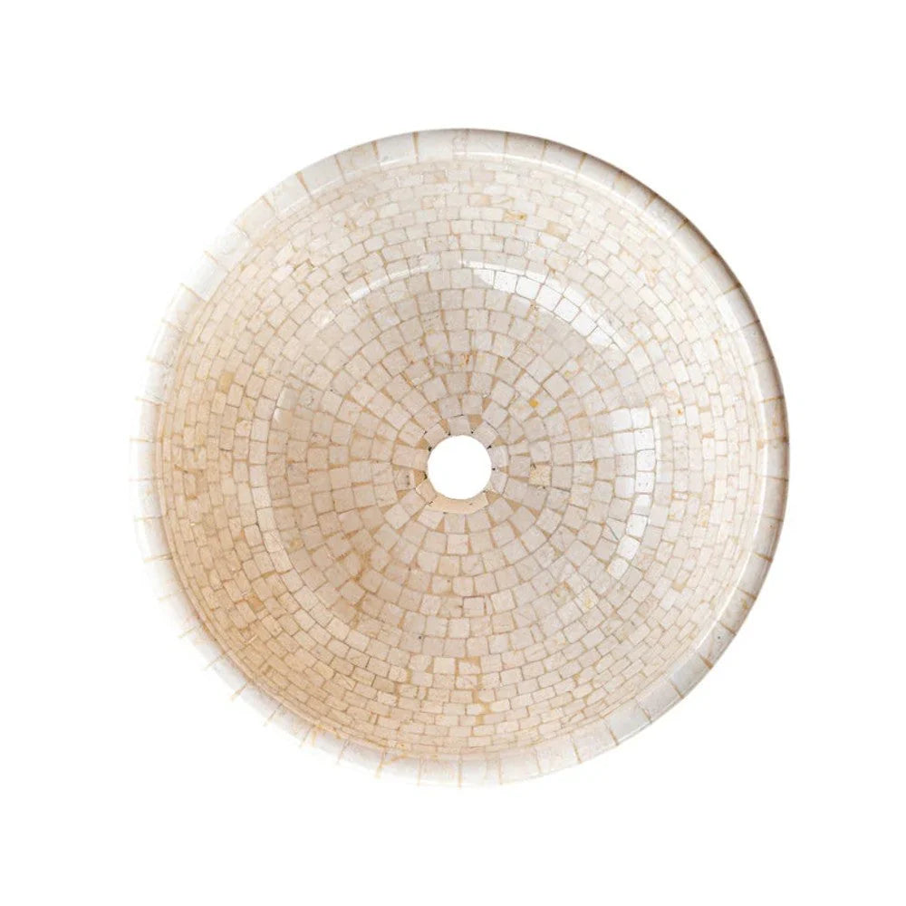 Botticino Marble Mosaic Natural Stone Round Above Vanity Vessel Sink Semi-polished (D)16" (H)6"