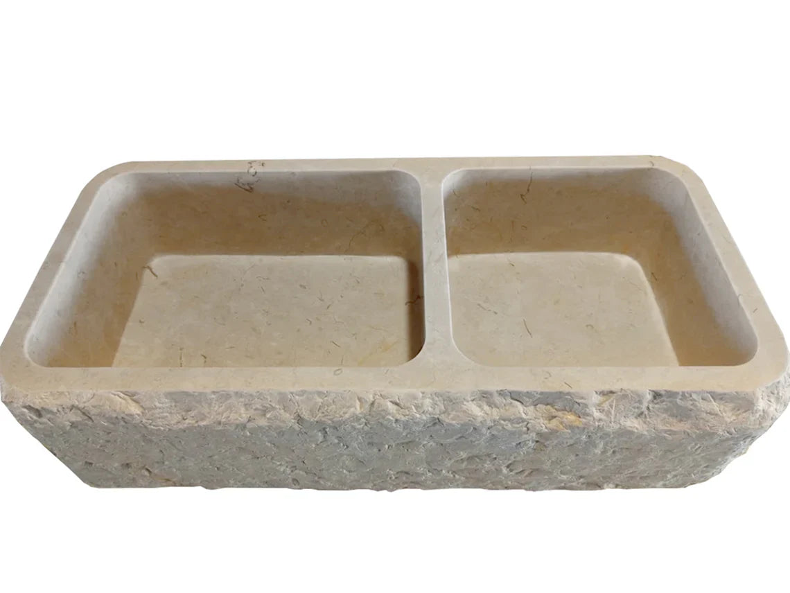Botticino Beige Marble Farmhouse Apron Kitchen Double Sink (W)16