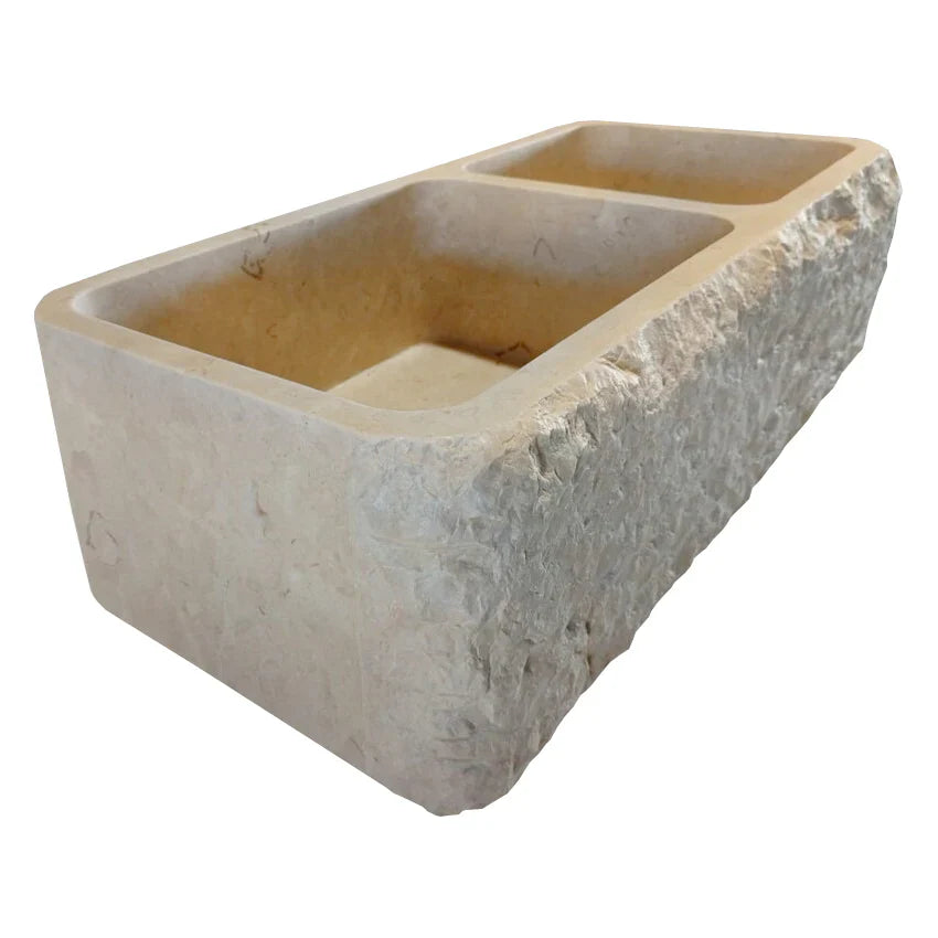 Botticino Beige Marble Farmhouse Apron Kitchen Double Sink (W)16