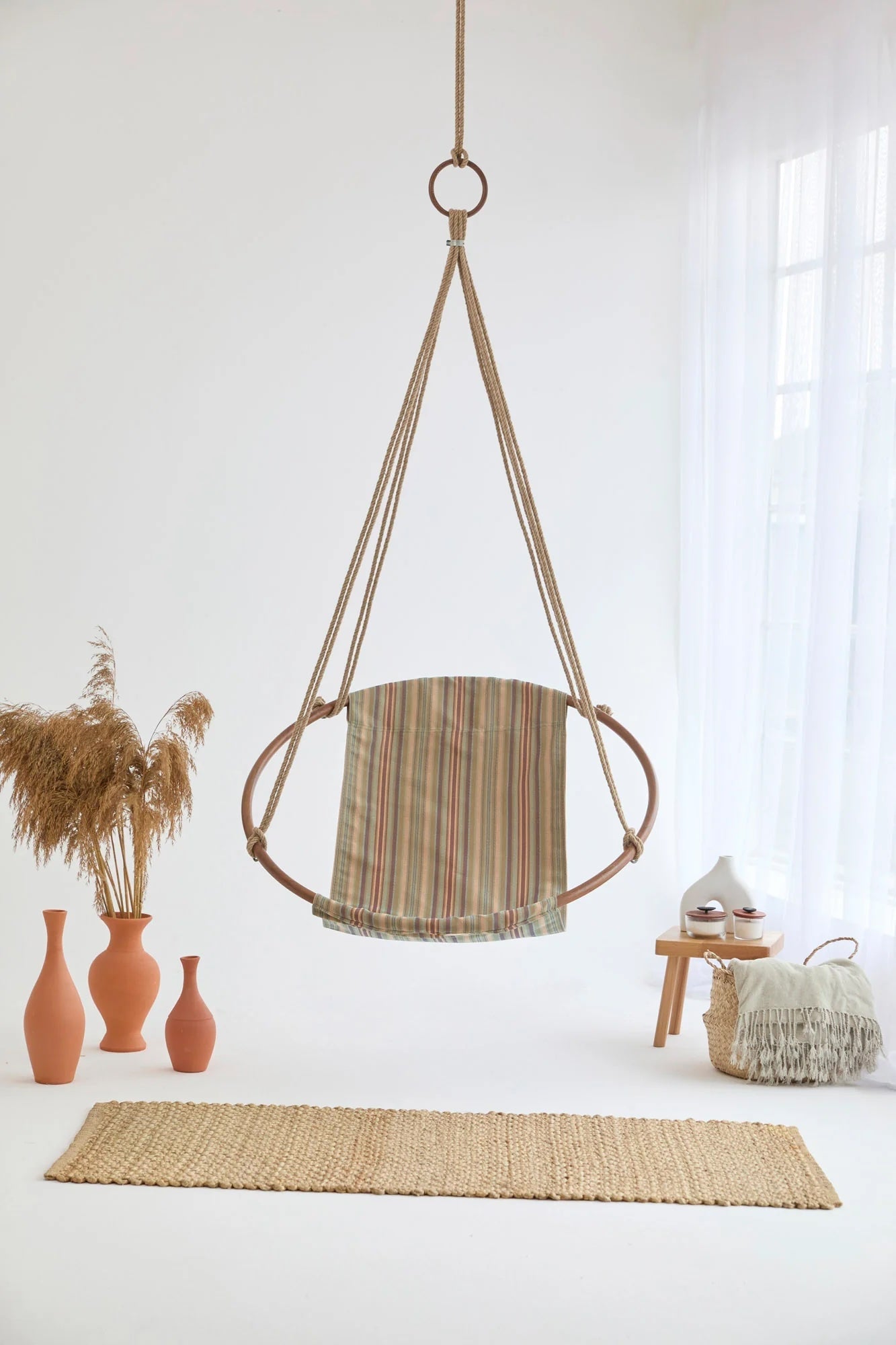 Boves Rast Blue Round Hanging Chair Teak Frame