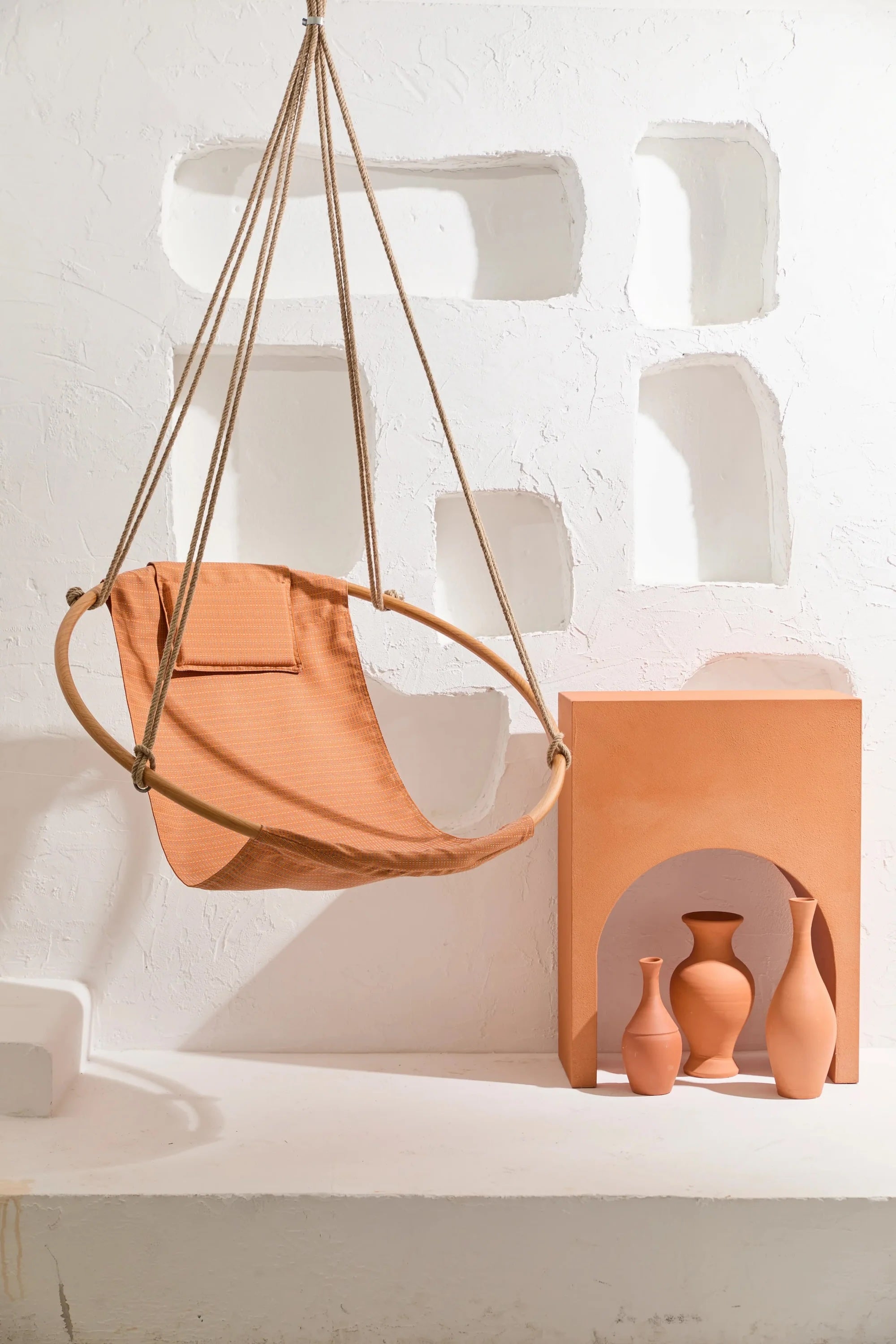 Bresse Rast Blue Round Hanging Chair Teak Frame