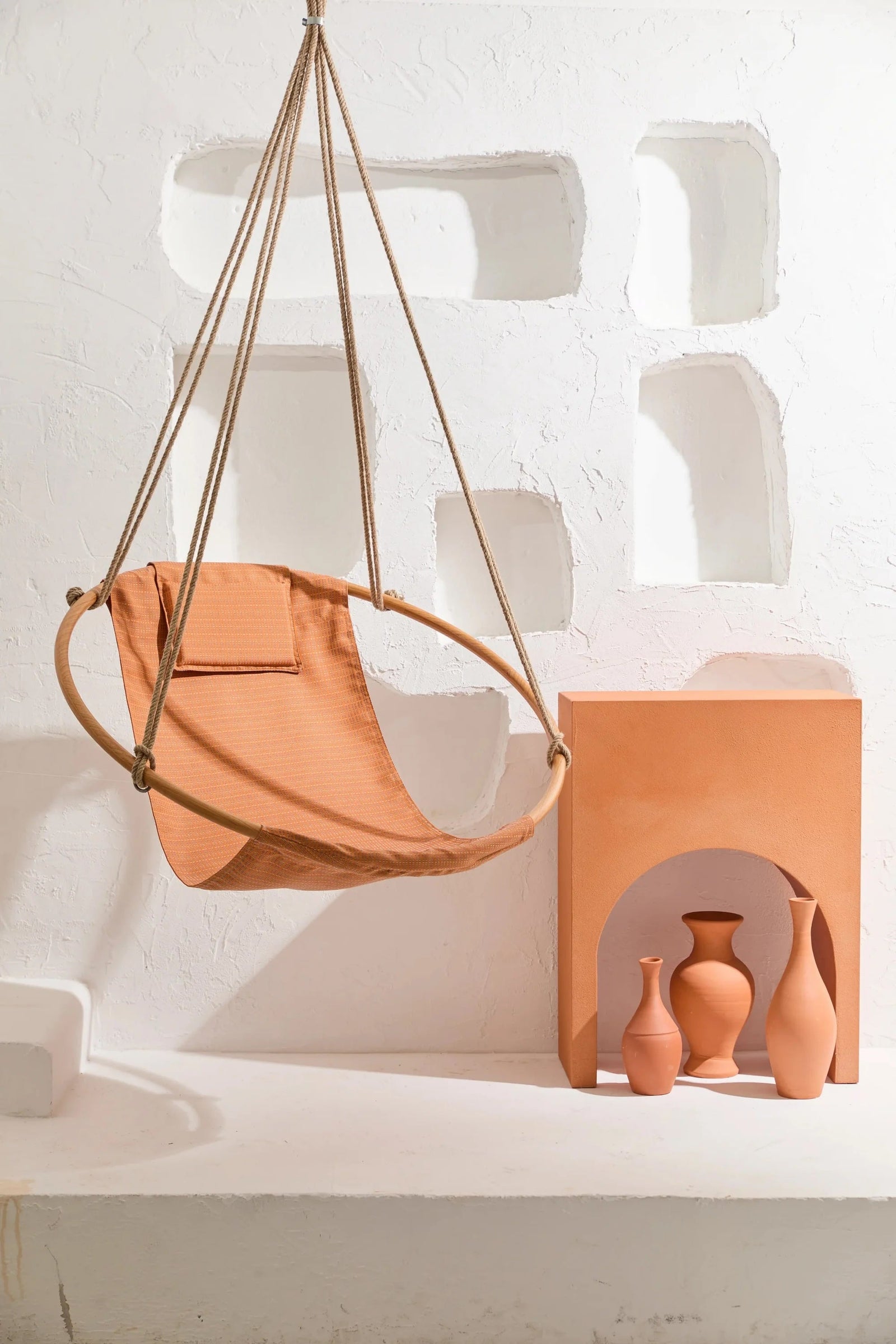 Bresse Rast Blue Round Hanging Chair Teak Frame