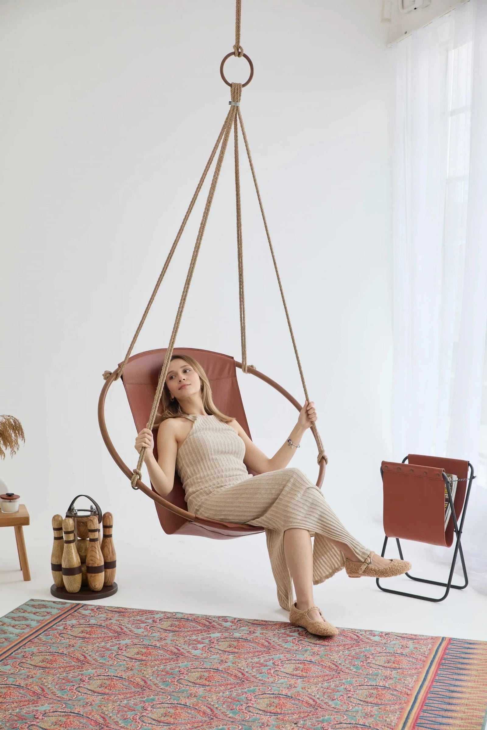 Genuine Leather Round Hanging Chair Brown Teak Frame