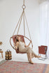 Genuine Leather Round Hanging Chair Brown Teak Frame