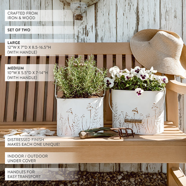 Rustic Cream Mushroom Embossed Metal Buckets, Set of Two