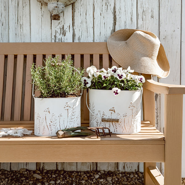 Rustic Cream Mushroom Embossed Metal Buckets, Set of Two