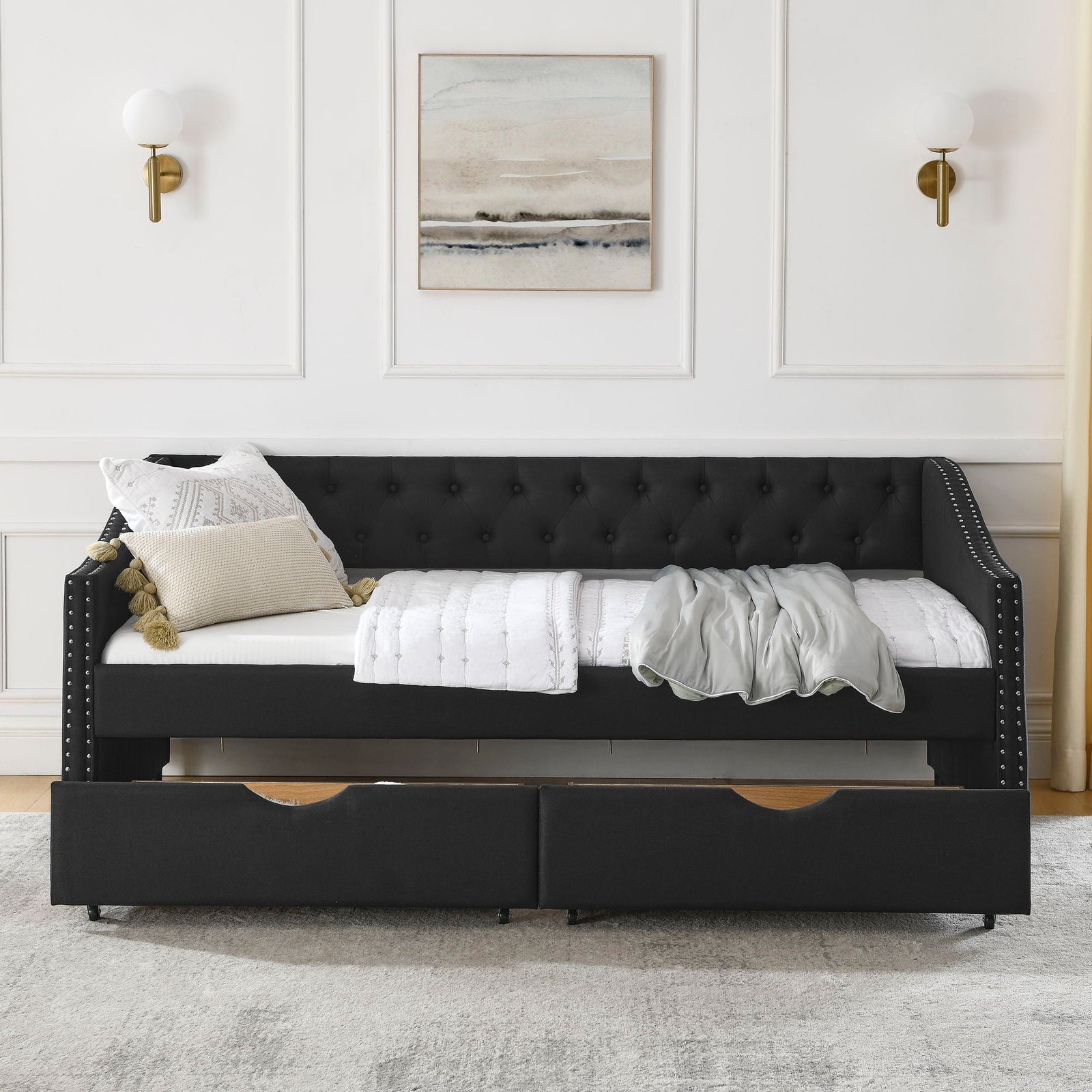 Upholstered Tufted Daybed With 2 Drawers, Waved Arms