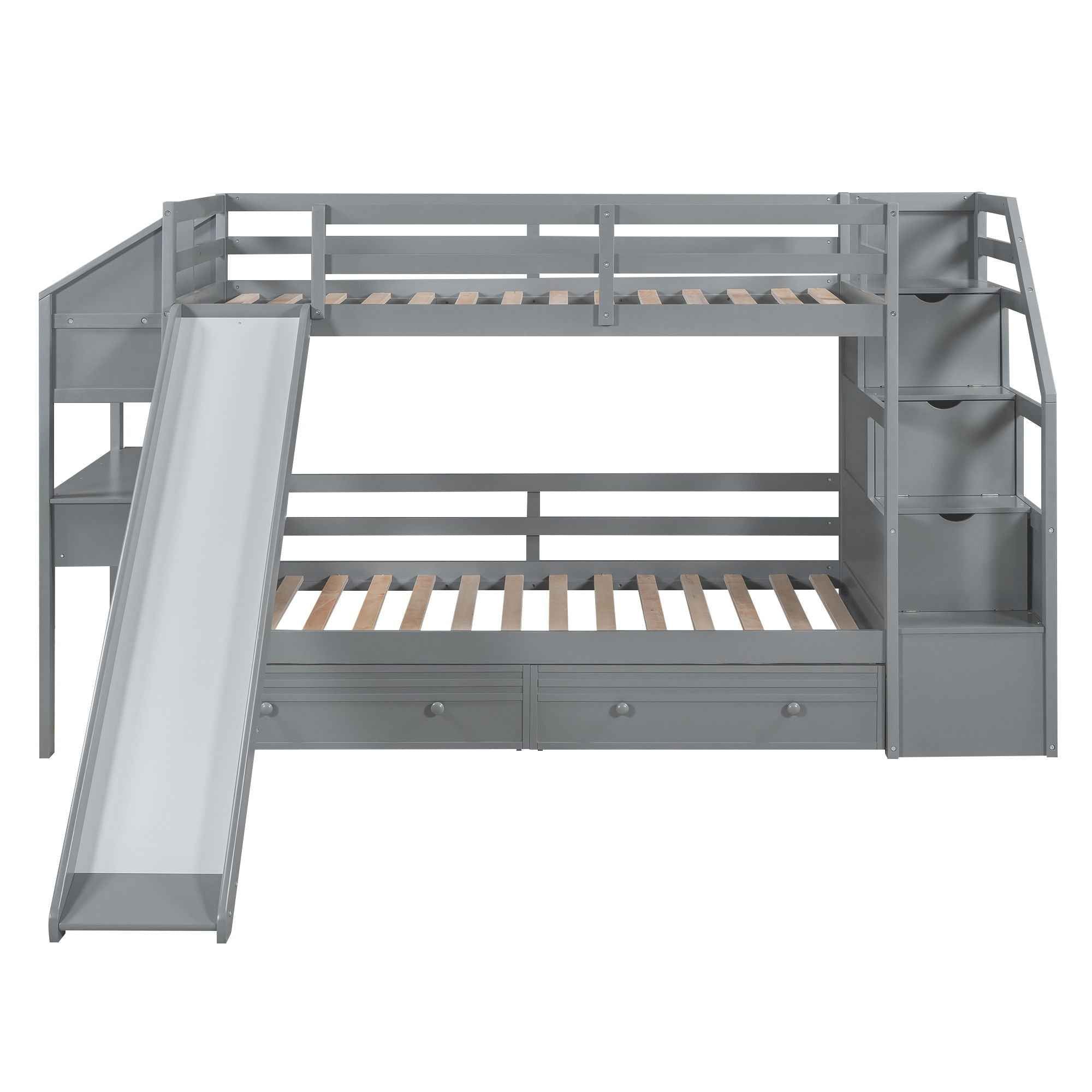 Bunk Bed With Storage Staircase, Slide, Desk, Drawers, And Shelves