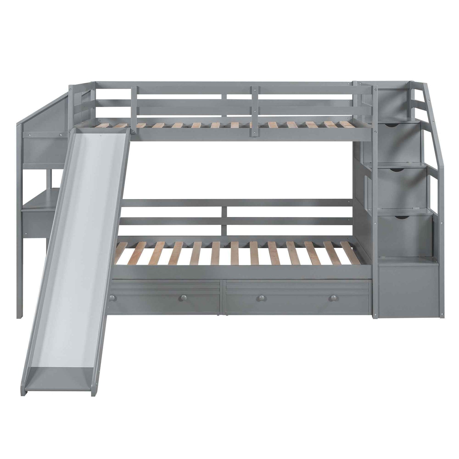 Bunk Bed With Storage Staircase, Slide, Desk, Drawers, And Shelves