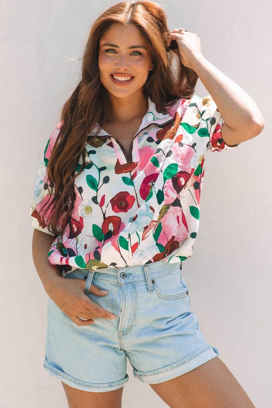 Adele Floral Slit V Neck Blouse