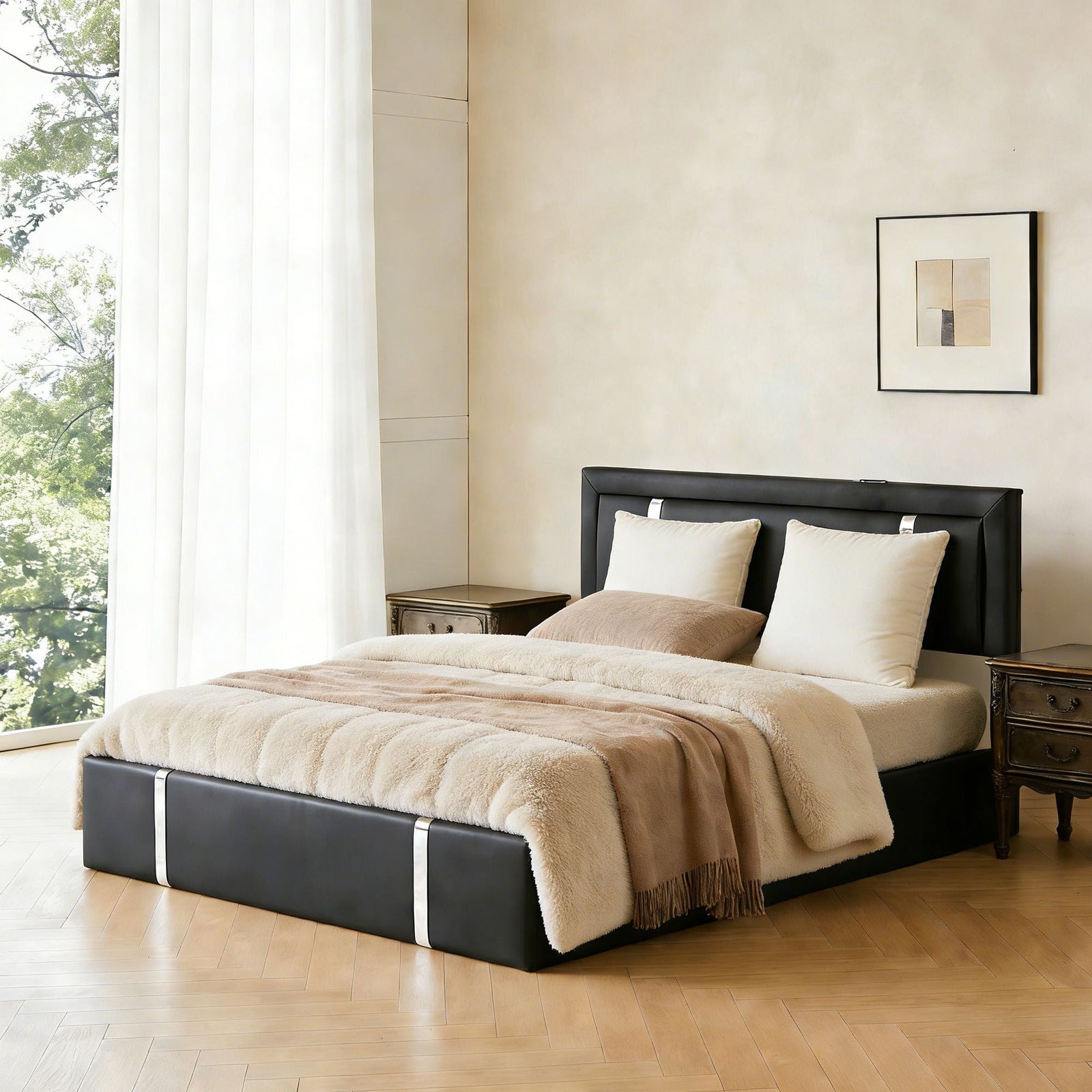 Upholstered Platform Bed Frame With Adjustable LED Headboard, USB C-Charging, Hydraulic Lift