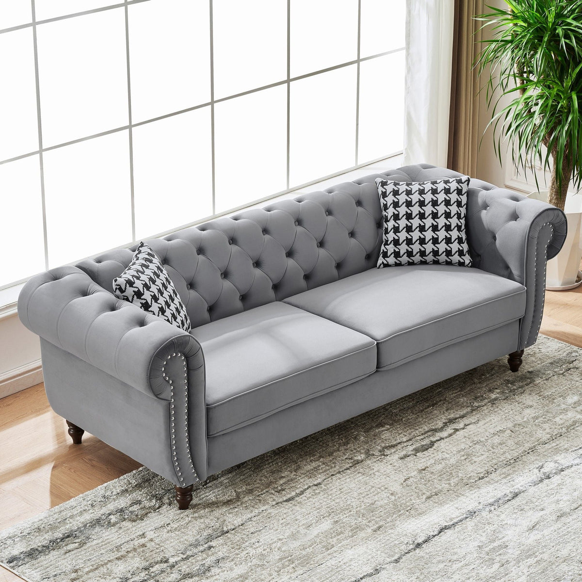 Chesterfield Upholstery Fabric Sofa With Roll Armrest & Nailhead, Mid Century Modern 3 And 3 Seater Couch