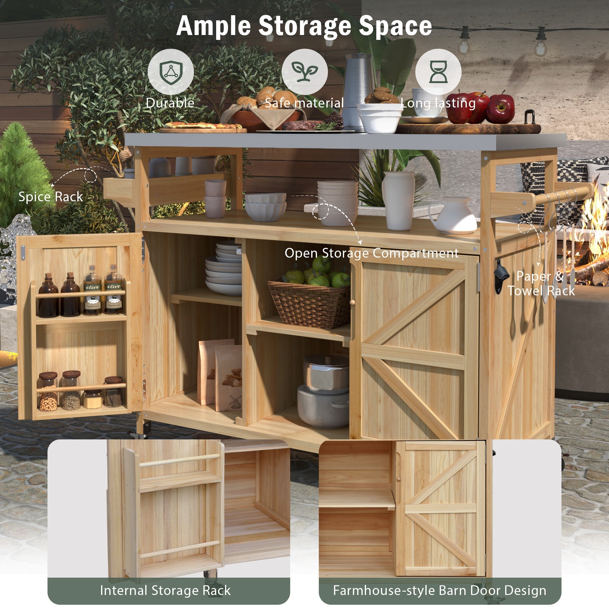 Outdoor Kitchen Island Rolling Bar Cart with Stainless Steel Top - Natural