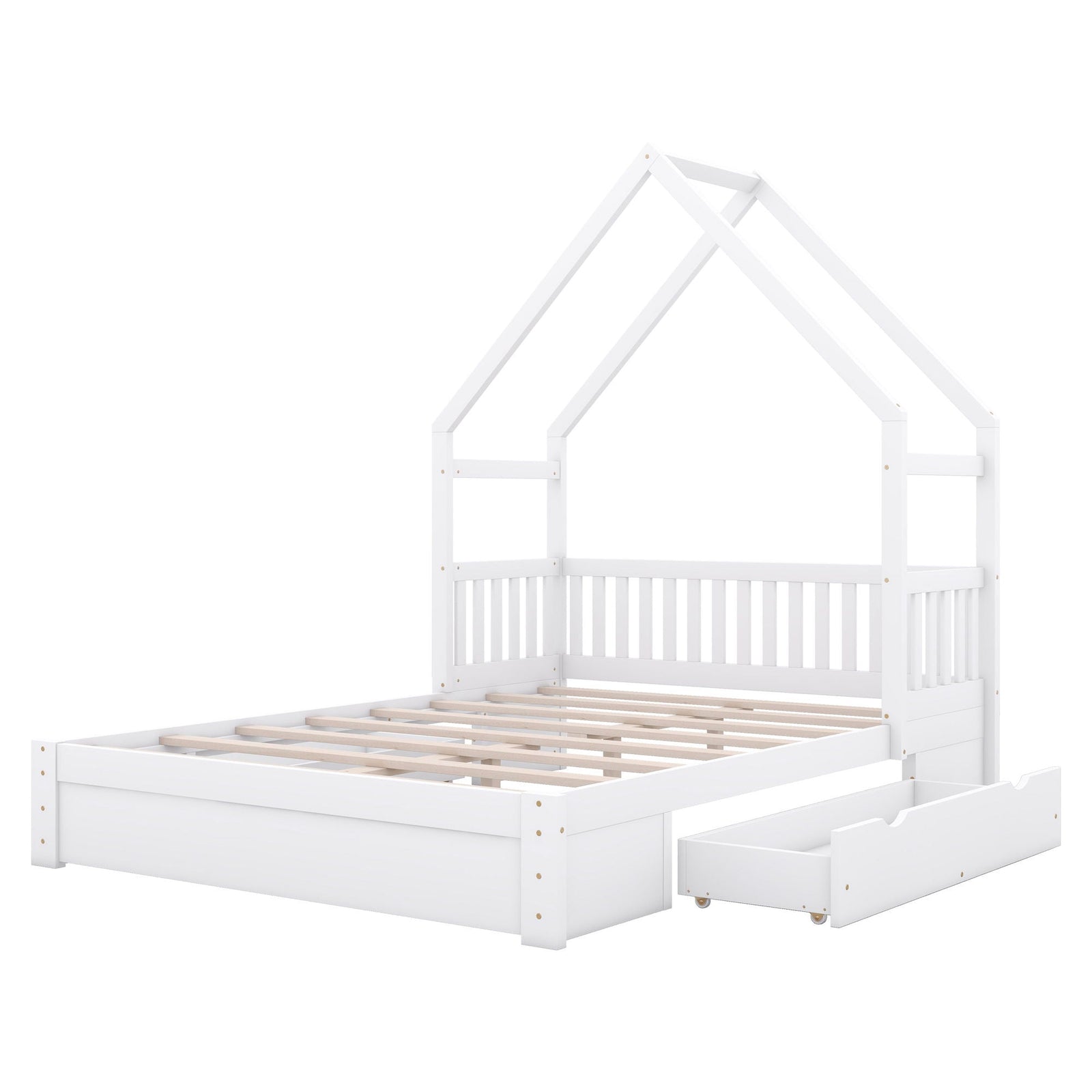 House Style Platform Bed With Guardrail And 2 Drawers