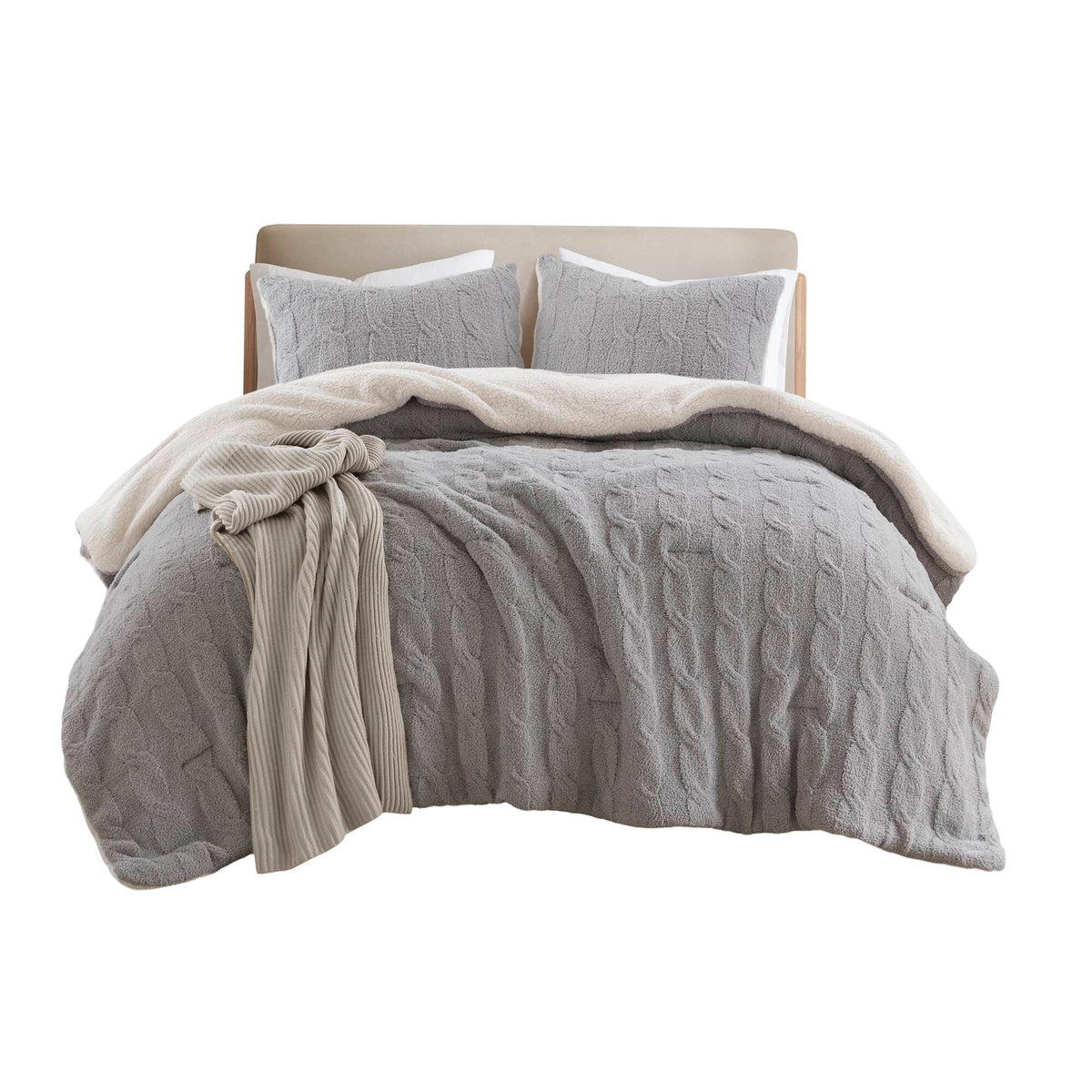 3 Pieces Full/Queen Cable Knit Chenille Comforter Set Gray
