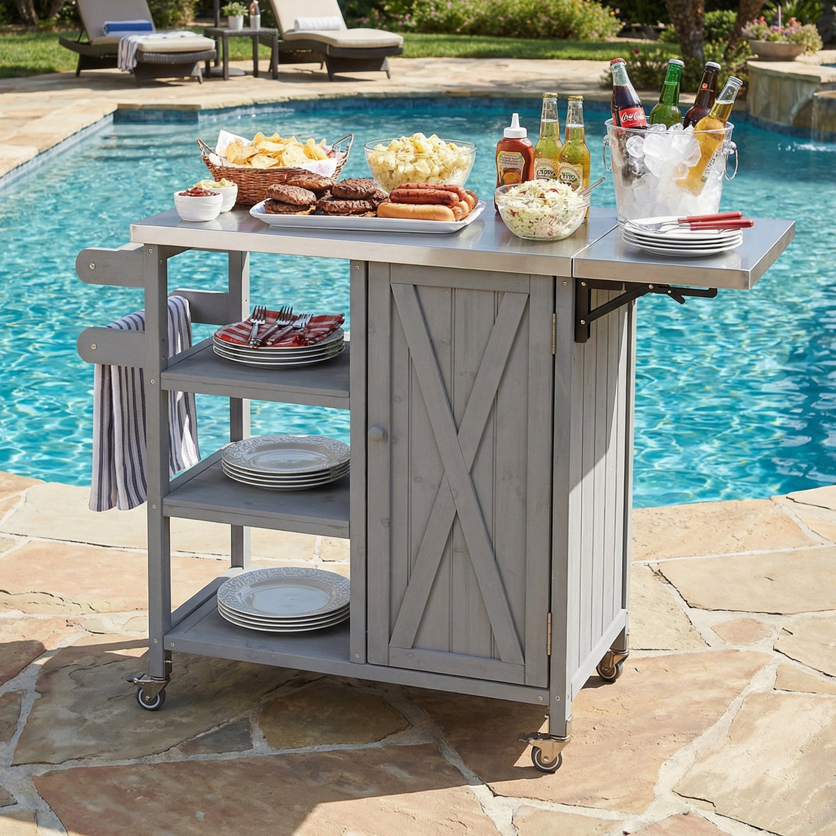 Foldable Outdoor Kitchen Island Cart with Storage - Stainless Steel & Wood
