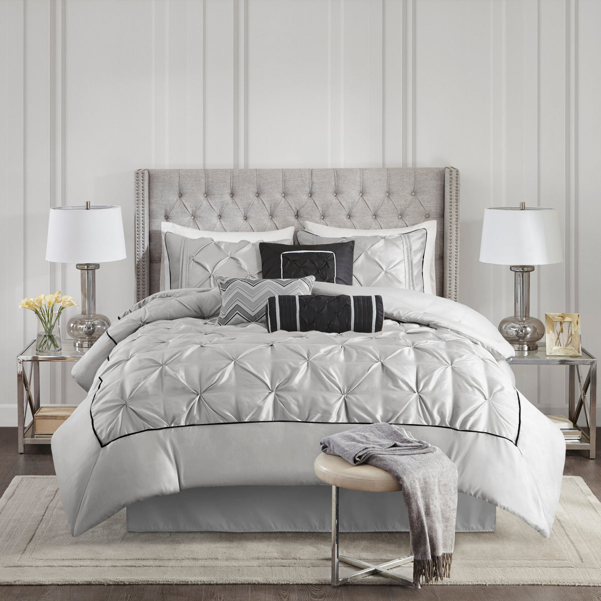7 Piece Tufted Comforter Set - Grey - California King