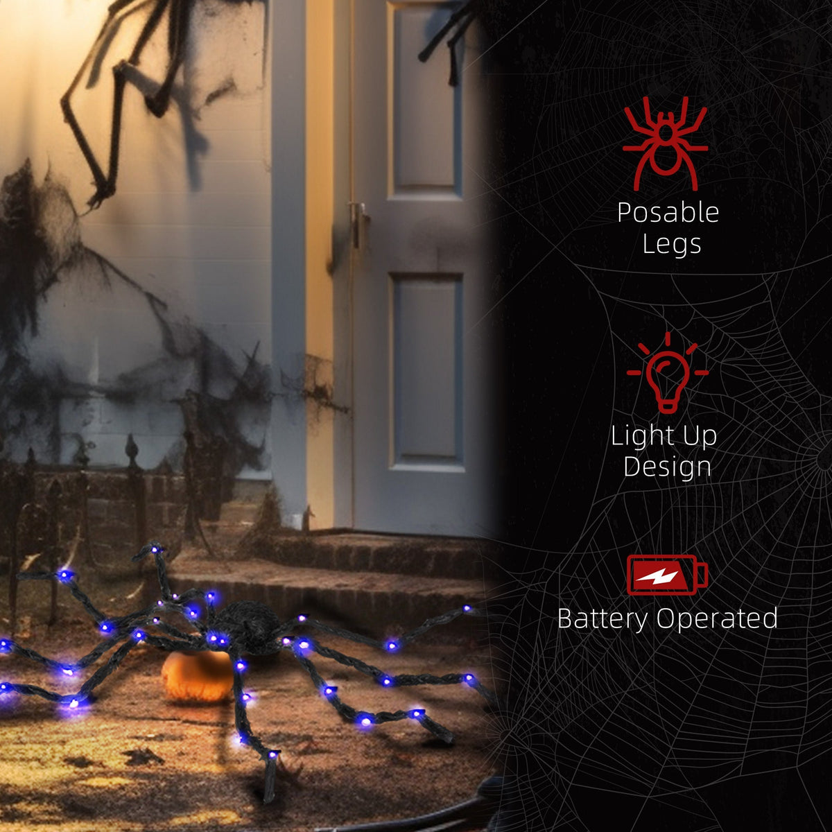Illuminated Arachnid Halloween Accent with Purple LED Lights - Black
