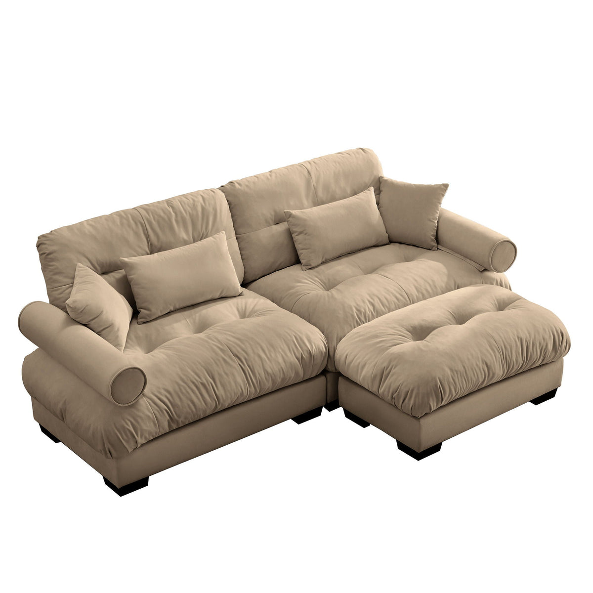 Modern Sectional Sofa With Ottoman, Round Bolster Armrests, Waist And Throw Pillows