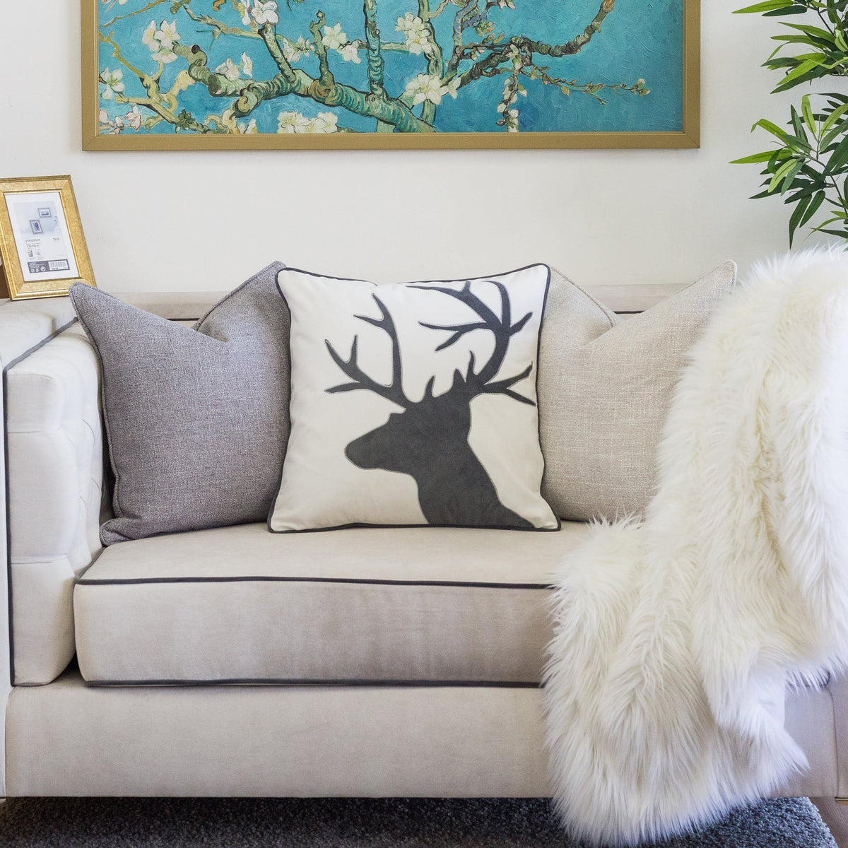 Holiday Reindeer Velvet Accent Pillow 20x20 – White and Gray with Insert