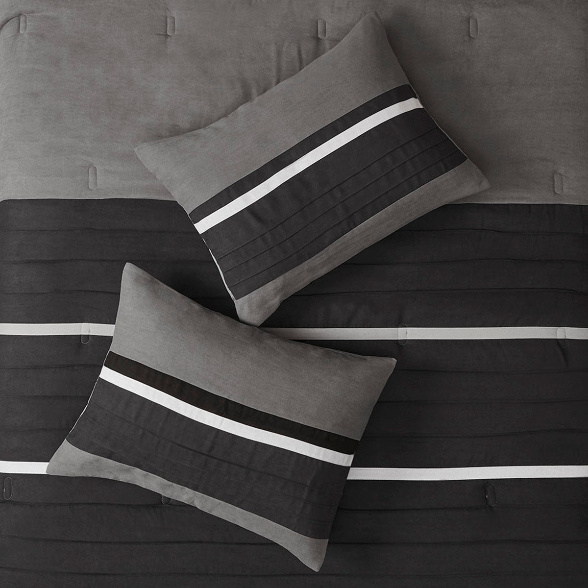 7 Pc Pieced Faux Suede Comforter Set in Black for Queen Beds