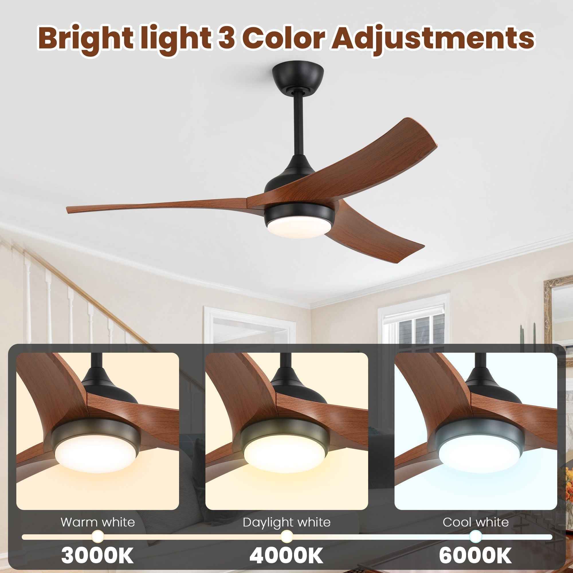 Ceiling Fan With 3 Blades, Remote Control Reversible DC Motor, Dimmable Light, And 1H / 4H / 8H Timer - Black