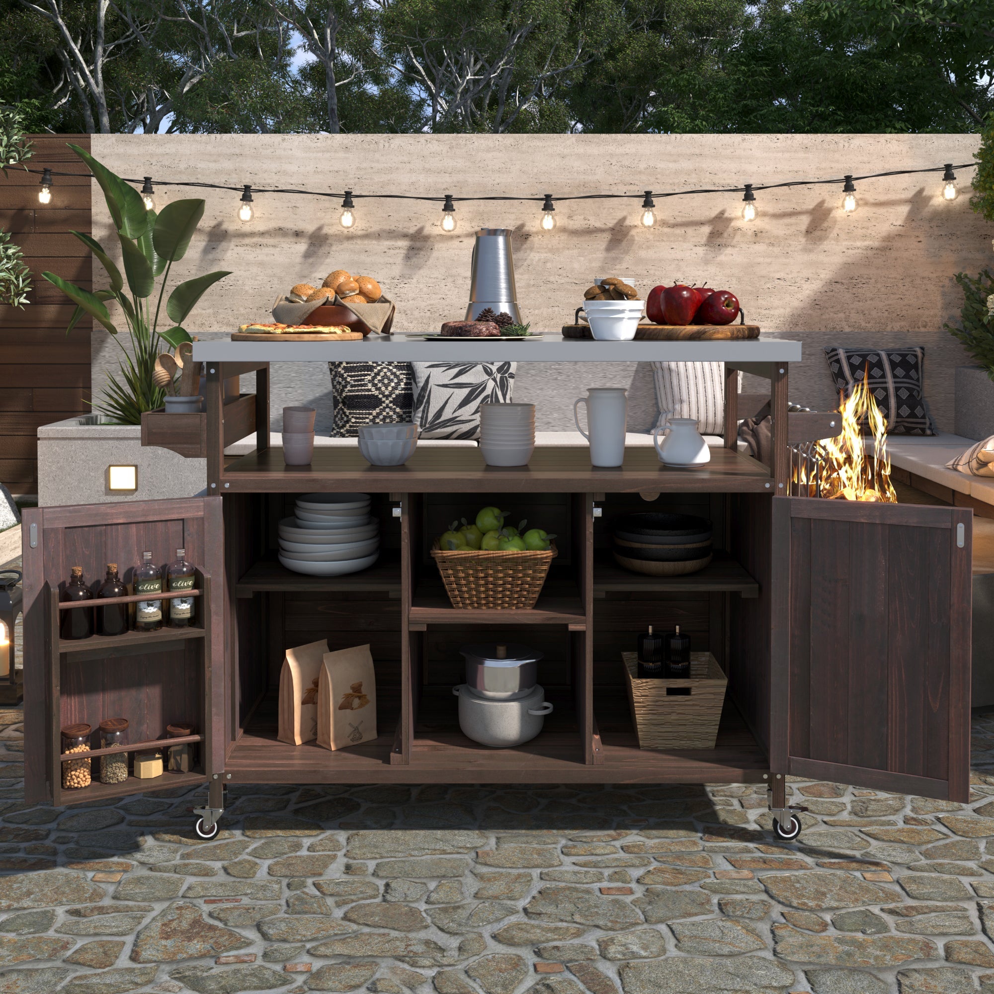 Outdoor Kitchen Island Bar Cart with Stainless Steel Top - Natural Finish
