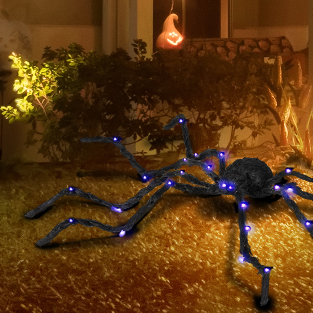 Illuminated Arachnid Halloween Accent with Purple LED Lights - Black