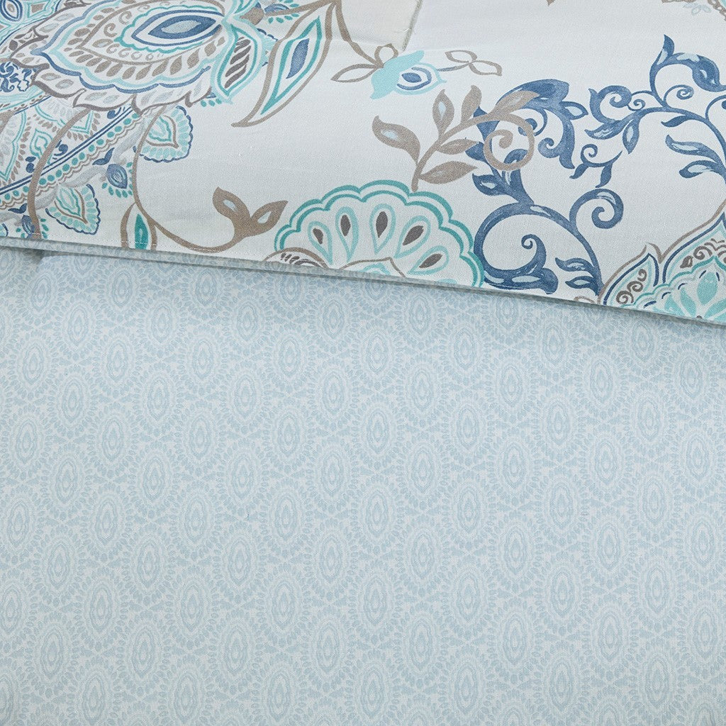 8 Piece Cotton Floral Printed Reversible Comforter Set Blue