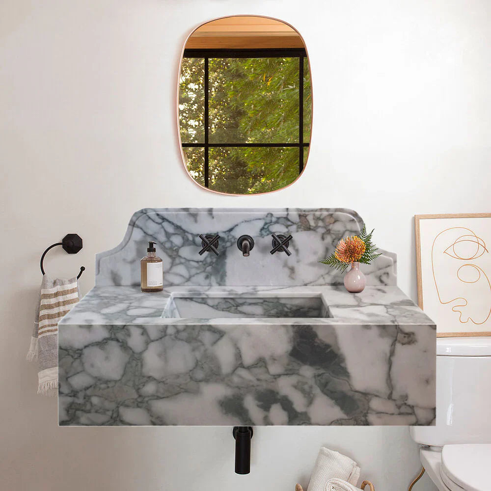 Calacatta Verde Marble Rectangular Wall-mount Bathroom Sink with 10