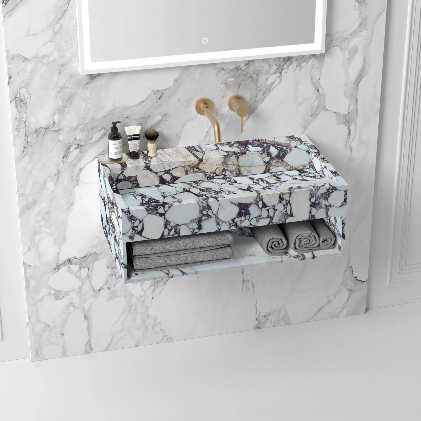 Calacatta Viola Marble Wall-mount Bathroom Sink Hidden Drain with Storage (W)18