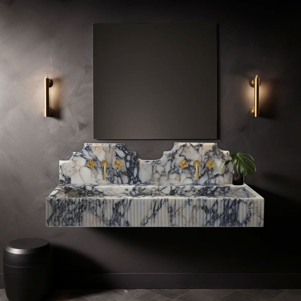 Calacatta Viola Marble Wall-mount Bathroom Sink with Fluted with Backsplash (W)20