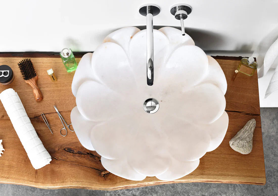 Carrara White Marble Flower Shape Above Vanity Bathroom Sink Polished (D)17