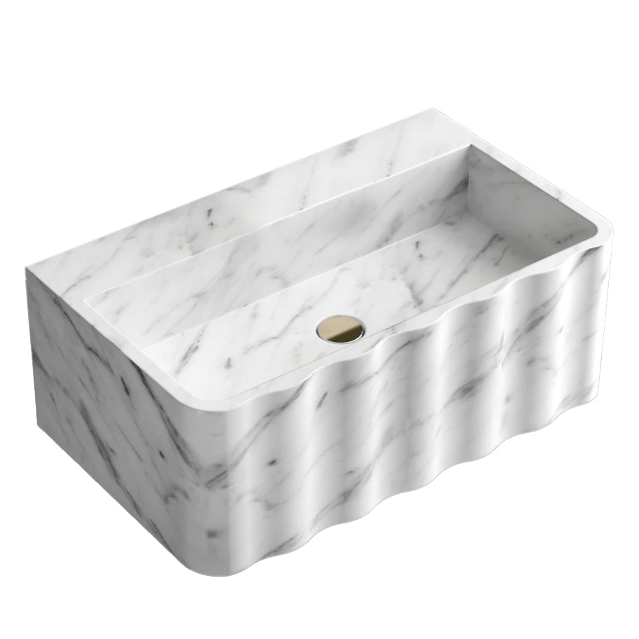 Carrara White Marble Wall-mount Bathroom Sink Fluted Front (W)16" (L)28" (H)10"