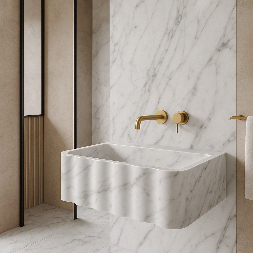 Carrara White Marble Wall-mount Bathroom Sink Fluted Front (W)16" (L)28" (H)10"