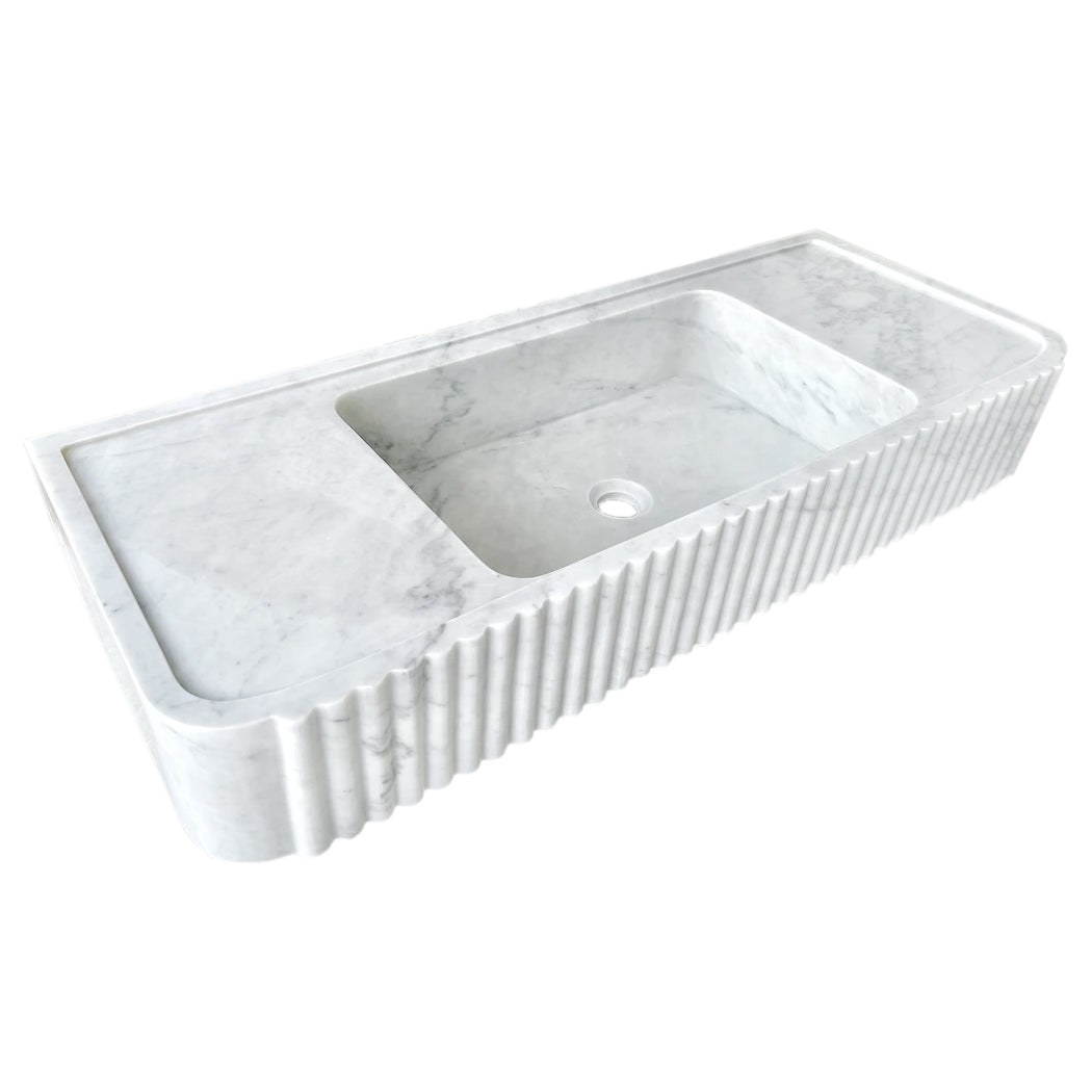 Carrara White Marble Wall-mount Bathroom Vanity Sink Fluted (W)16