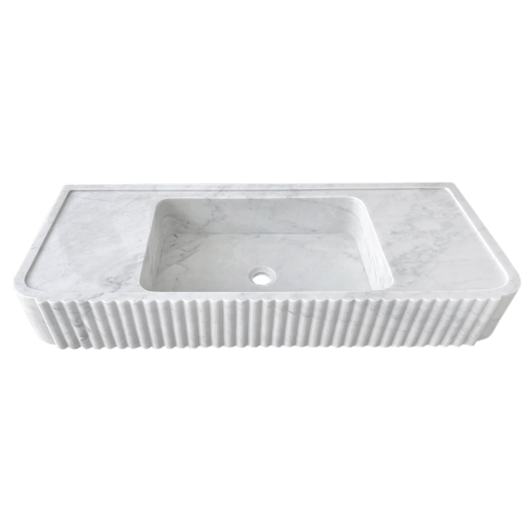 Carrara White Marble Wall-mount Bathroom Vanity Sink Fluted (W)16" (L)40" (H)6"