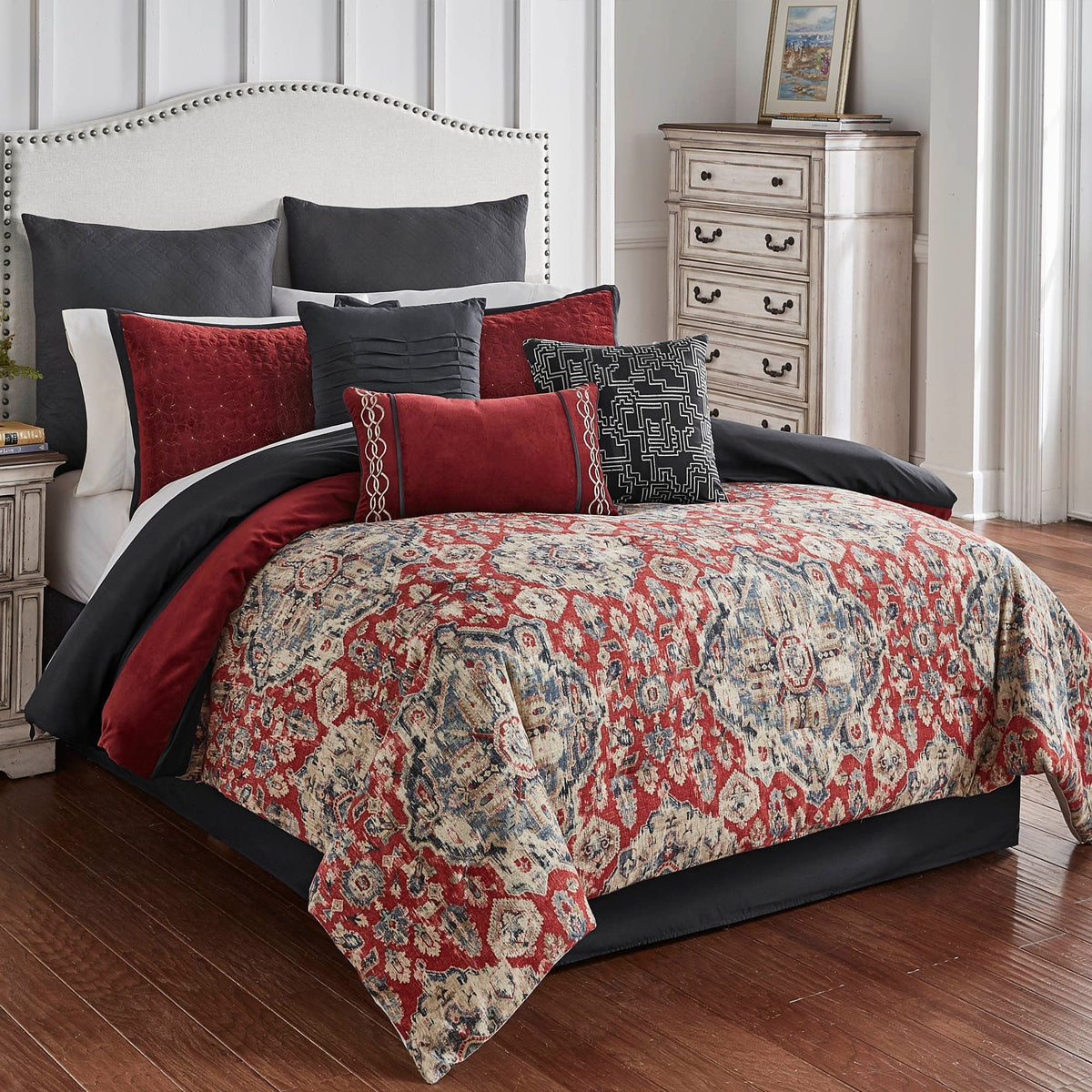 Sadler 9-Pc Burgundy & Blue Medallion Comforter Ensemble