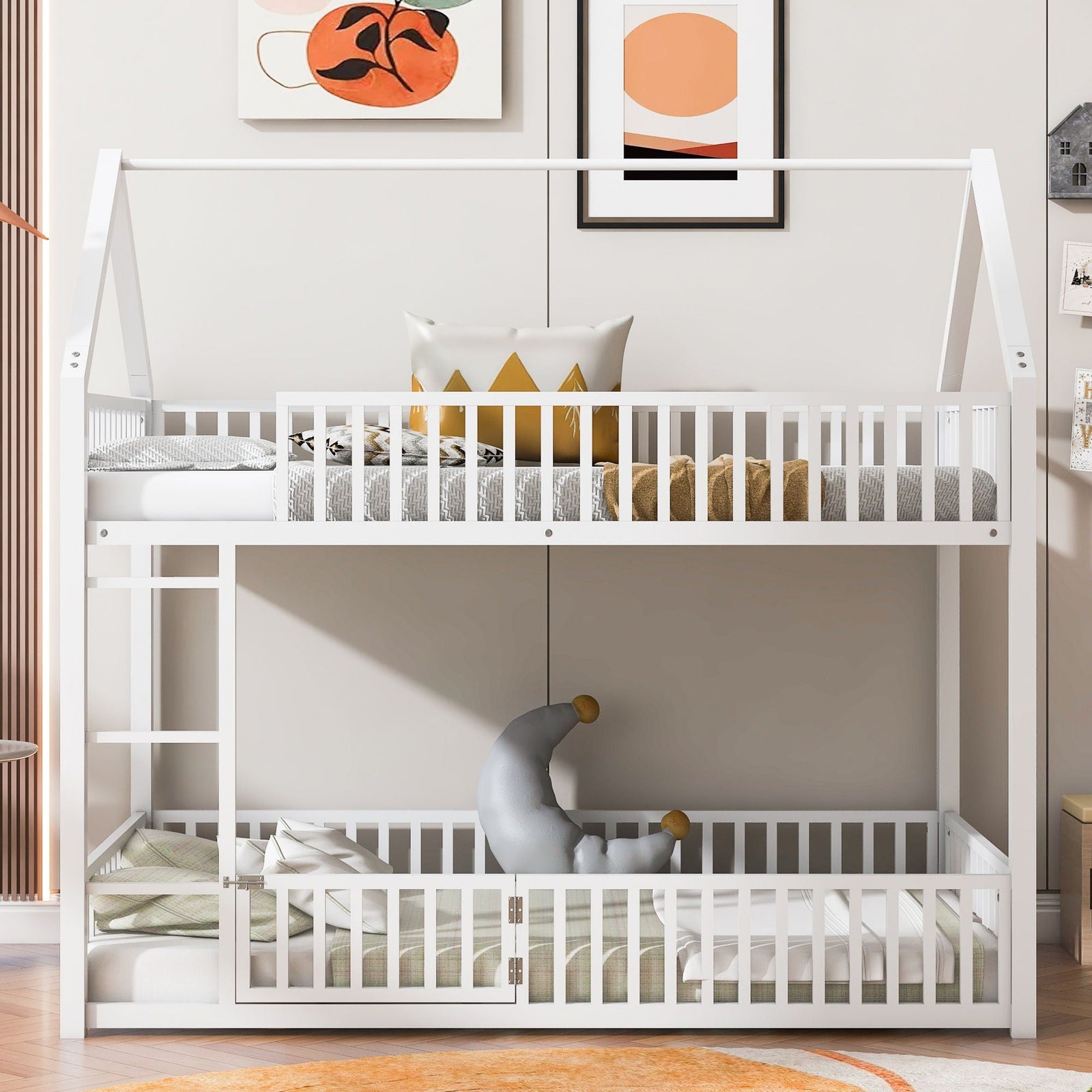Metal House Bunk Bed With Fence And Door