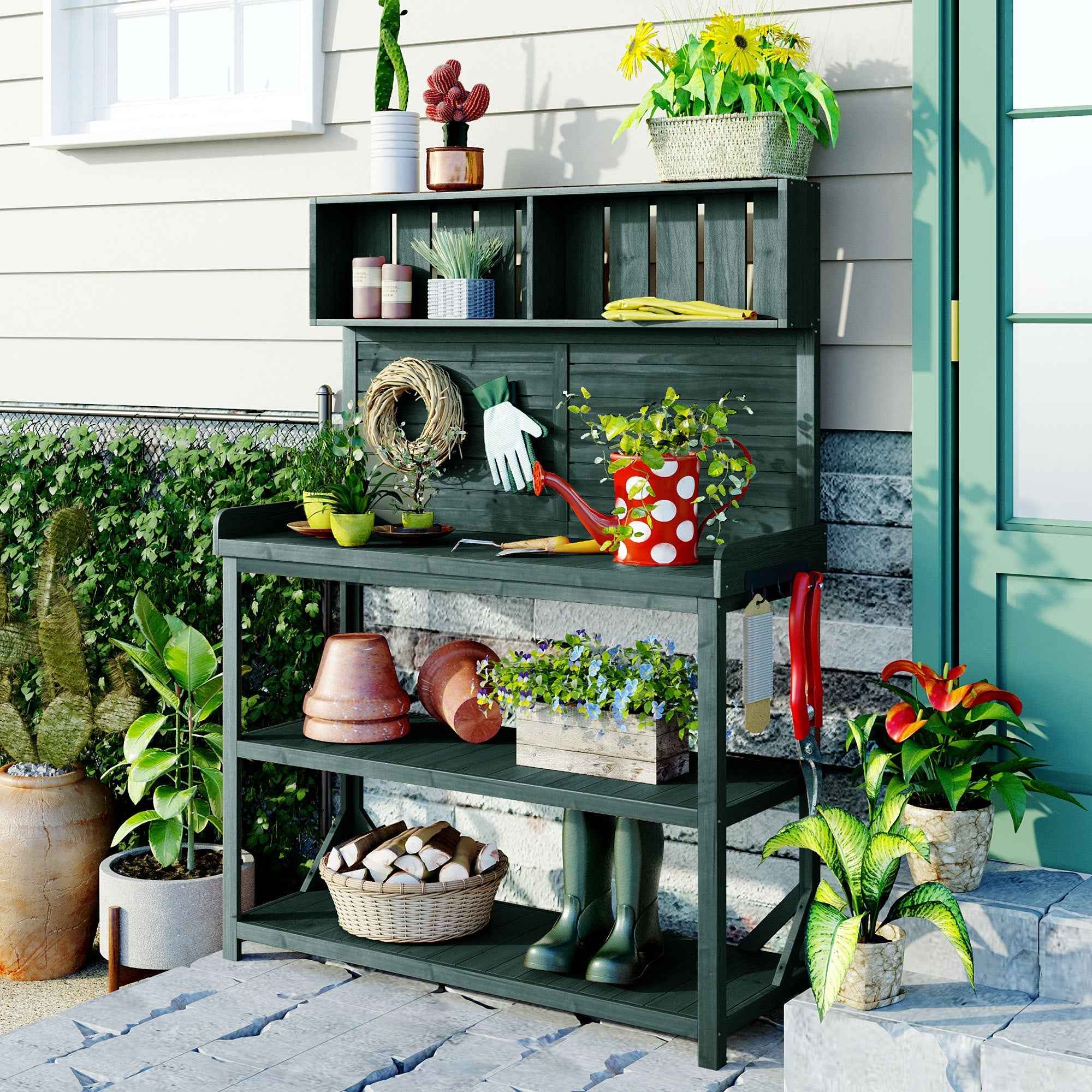 Large Wooden Farmhouse Potting Bench Table with 4 Shelves - Rustic Fir Wood