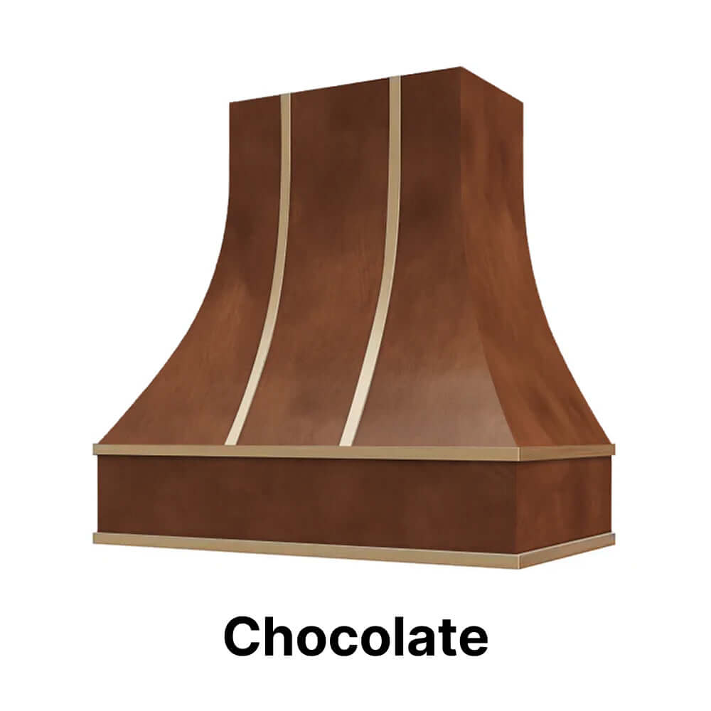 Wood Range Hood With Curved Front and Brass Strapping and Flat Trim - 30