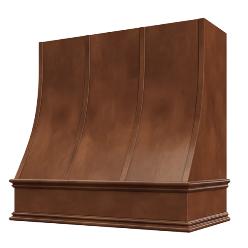 Chocolate Wood Range Hood With Sloped Strapped Front and Decorative Trim - 30
